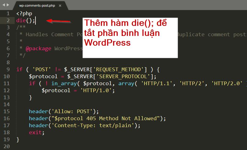 Tắt bình luận trong file wp-comments-post.php